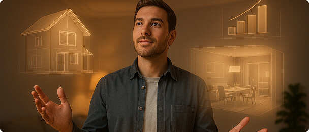 Man looking at holographic interior designs