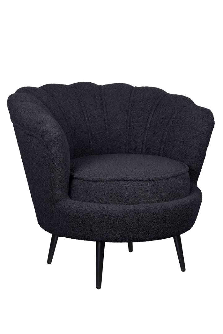 купить Низкое кресло ракушка Pearl Black Boucle на черных ножках в Москве купить Низкое кресло ракушка Pearl Black Boucle на черных ножках