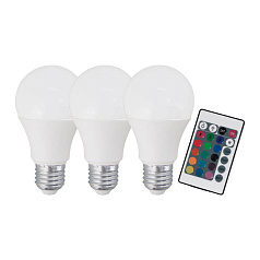 Лампа светодиодная диммируемая RGB с пультом упр-я A60, 3х7,5W (E27), 3000K, 470lm, 3 шт. в ко