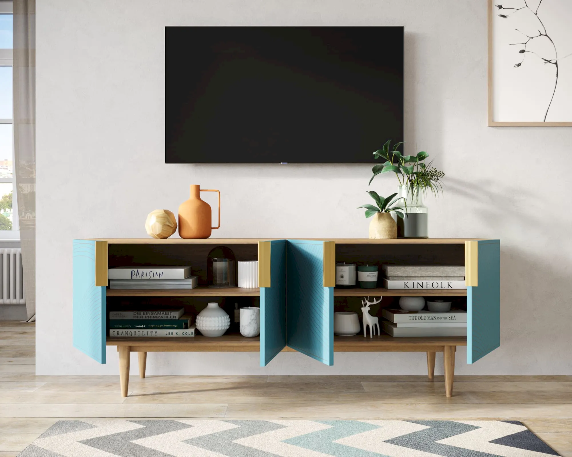 купить Комод под TV с четыремя дверками "Лайн (Line)" LN06/GR1/blue в Москве купить Комод под TV с четыремя дверками "Лайн (Line)" LN06/GR1/blue