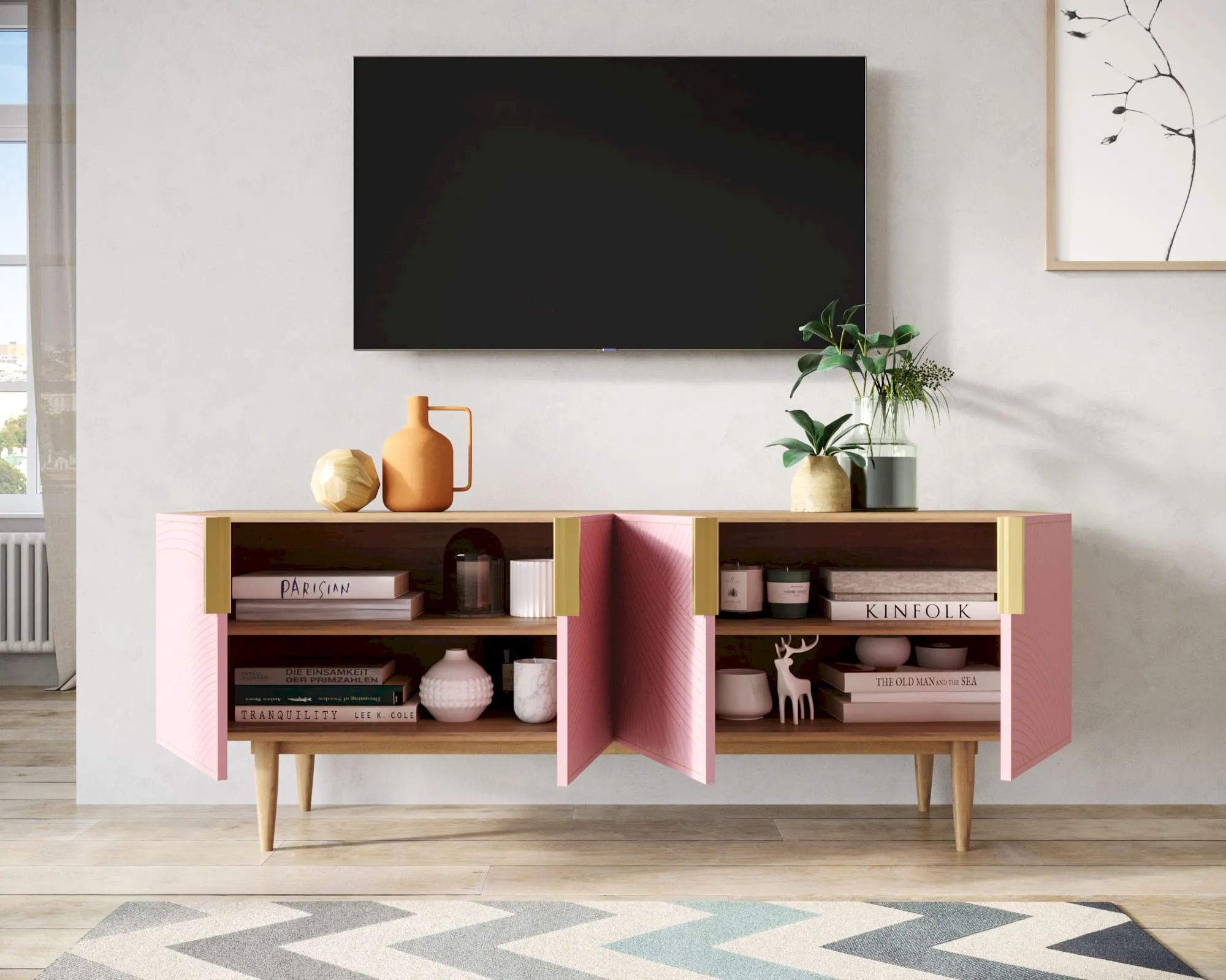 купить Комод под TV с четыремя дверками "Лайн (Line)" LN06/GR1/pink в Москве купить Комод под TV с четыремя дверками "Лайн (Line)" LN06/GR1/pink