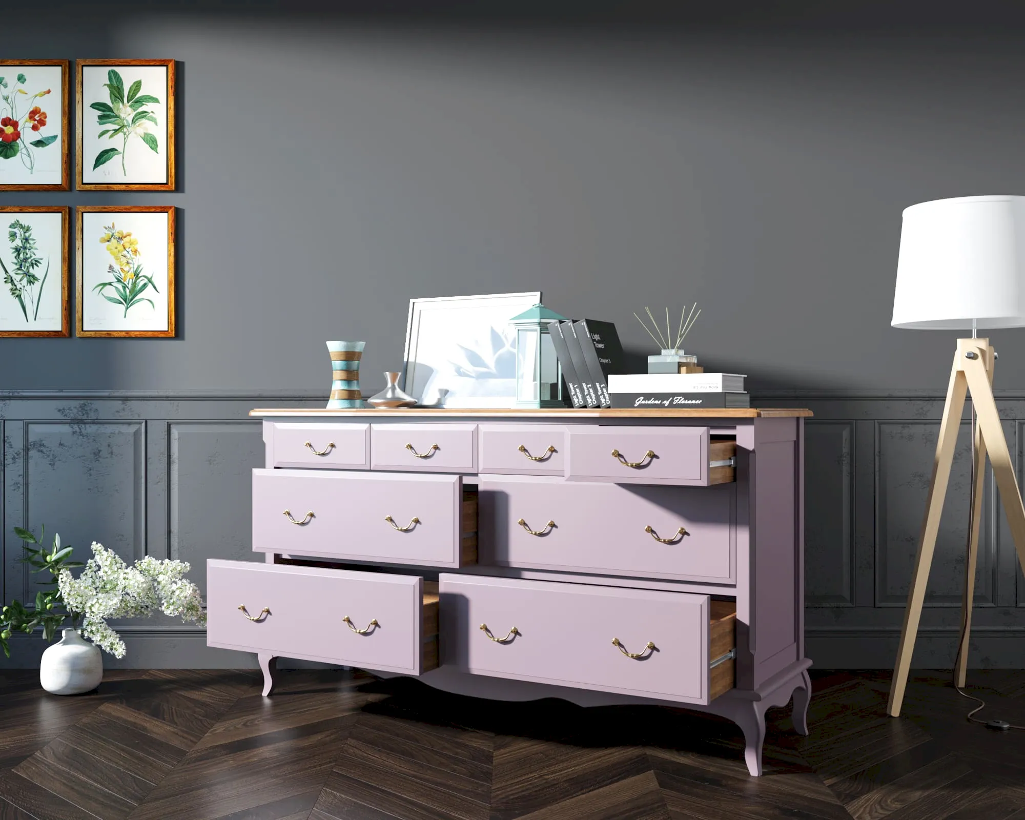 купить Большой комод "Леонтина (Leontina)" в лавандовом цвете на восемь ящиков арт LT35/2L