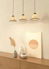 купить стильные 43943 Люстра OXPARK, 3X25W (E27), L920, B220, H1100, сталь, черный / текстиль с листьями бамбука, белый, зеленый в Краснодаре